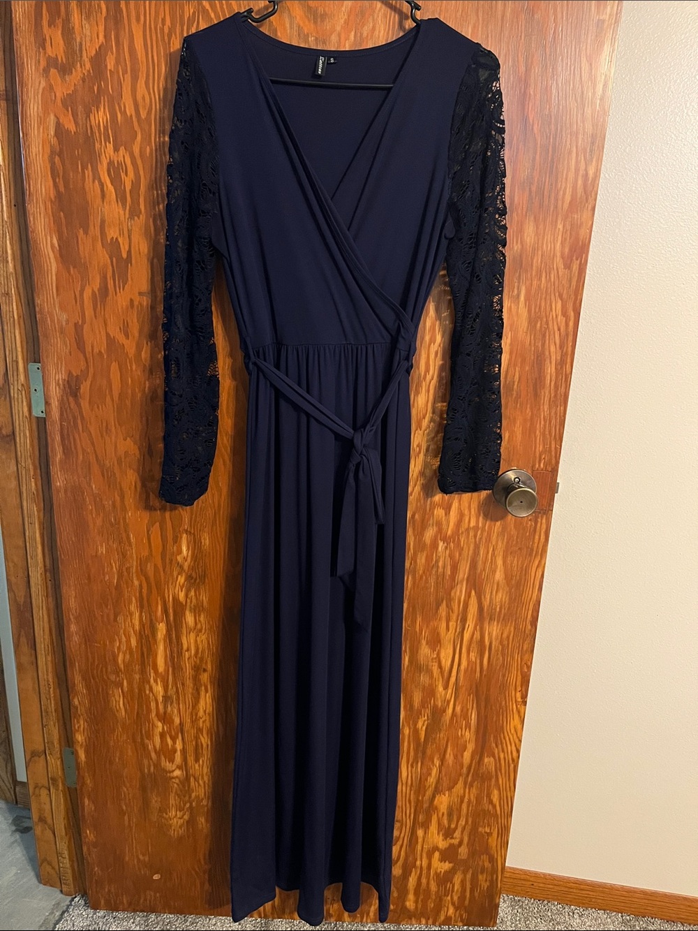 Women's Maternity Navy Wrap Maxi Dress with Lace Sleeves